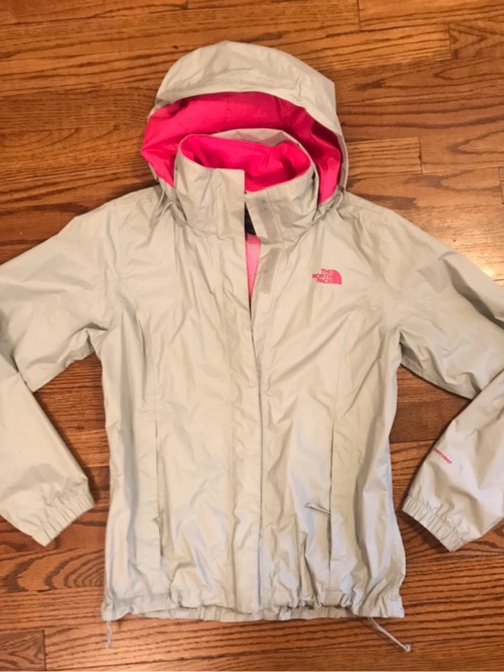 The North Face Light Gray Jacket with Pink Hood Lining